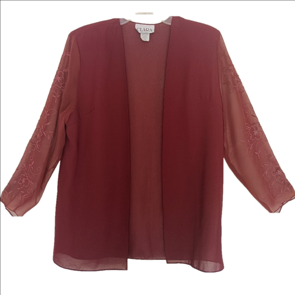 Clara Coverup Wrap‎ Size L Wine/Burgendy Blazer Shawl Formal Beaded Sheer